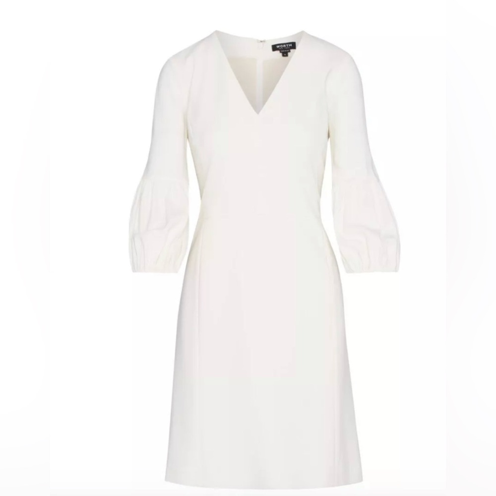 Worth Ivory Light Weight Stretch Crepe V Neck Puff Sleeve Dress